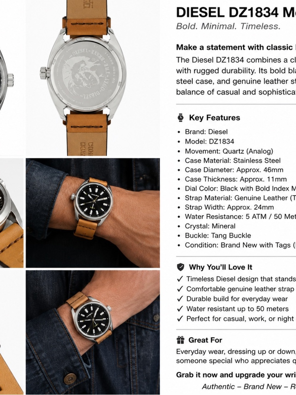 Diesel DZ1834 Men's Watch with Tan Leather Strap